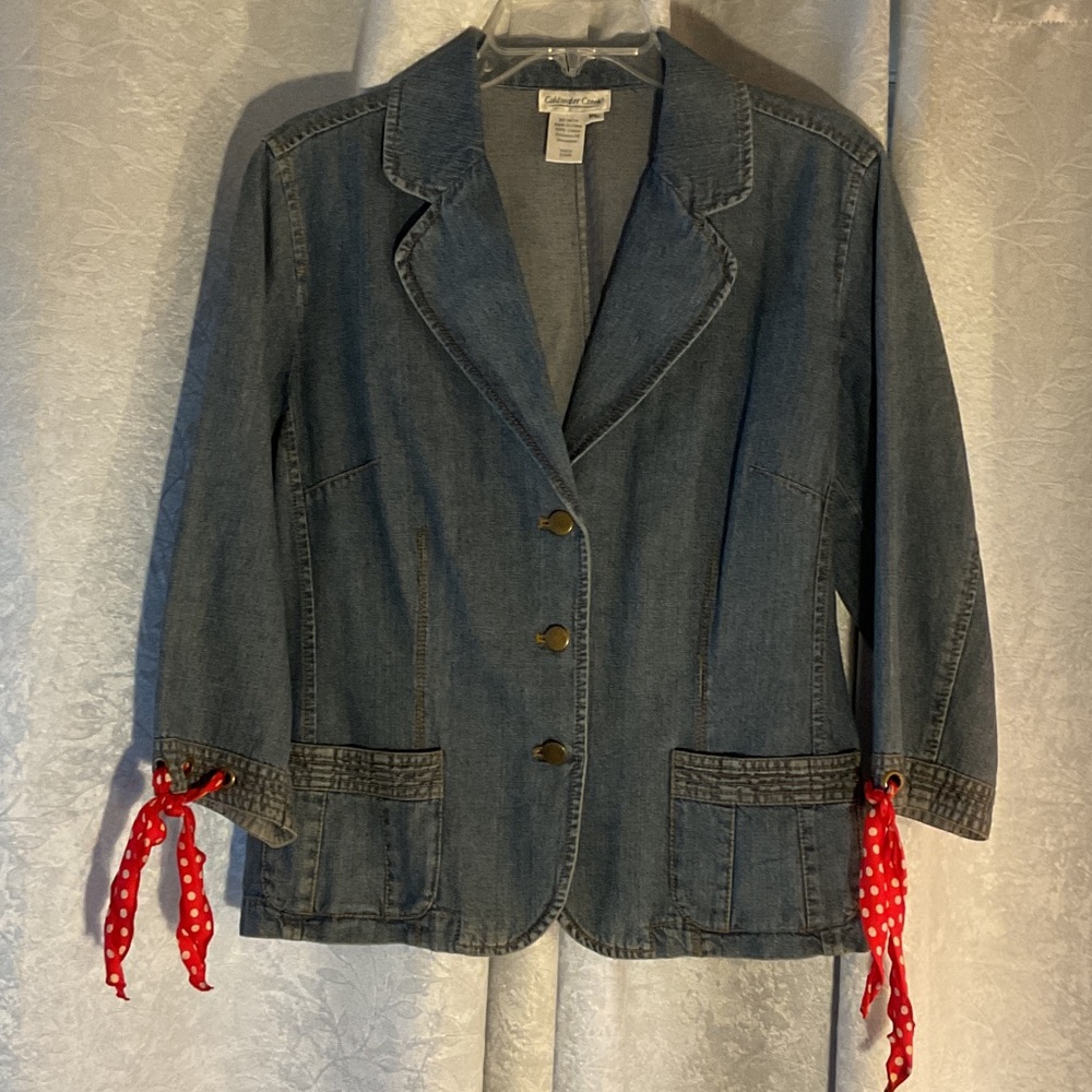 Coldwater Creek Blue Denim Blazer with Ribbon Red Polka-Dot Cuff Ties